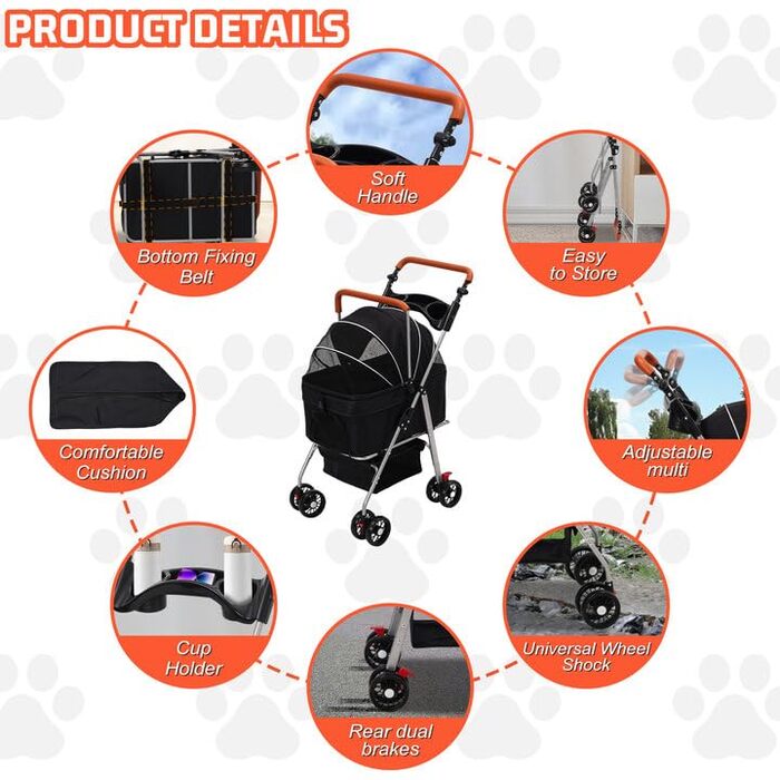 Візок для собак 3 в 1, до 20 кг, складний, з колесами, кошиком, сіткою, тримачем для напоїв, регульованою ручкою, для собак та котів