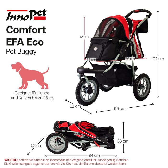 Візок для собак Innopet Comfort EFA Eco чорний/червоний – розкладний візок для собак та котів, підходить для лісу та пляжу, з великими колесами 30см, вантажопідйомність 25кг, з повідками