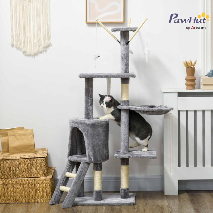 Кігтеточка PawHut для котів, 134,2 см, багатоярусна з печерою, 2 іграшки, сизаль, велика платформа, сходи, сірий+білий