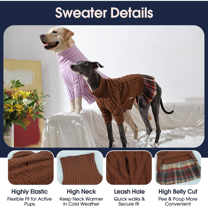 Теплий зимовий пуловер для собак великих порід IECOii, червоний, XXXL. З отвором для повідка, класичний в'язаний з хрестиком, еластичний та зручний.