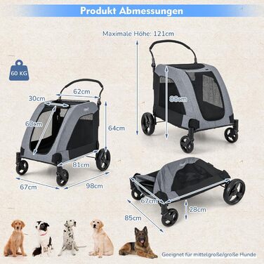 Візок для собак GOPLUS, розкладний, 60 кг, з кишенями та сіткою, 67 x 98 x 88 см