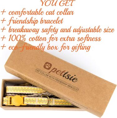 Нашийник для кота Pettsie з безпечною застібкою та браслетом дружби, міцна бавовна, D-подібне кільце для аксесуарів, регульований розмір 19-29 см, (19 - 29 см, жовтий)