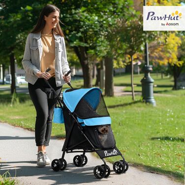 Візок для собак PawHut з вітрозахистом, складний, з миючим подушкою, тримачем для чашок, сітковими вікнами та кишенею для зберігання, блакитний