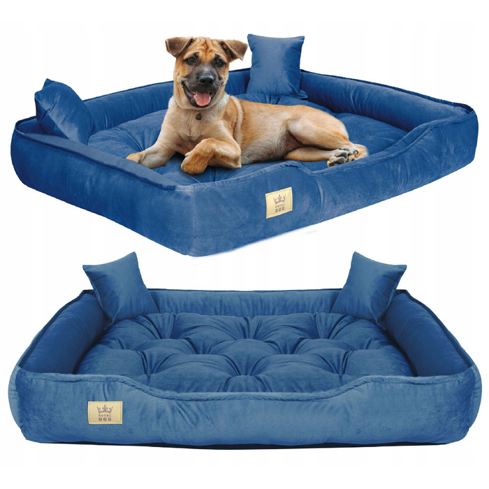 Велюрова лежанка для собак Royal Dog, прямокутна, синя, розмір L