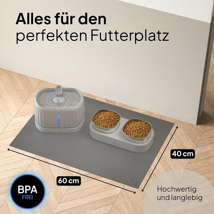 Підкладка під миску для кота Pretty PAW® 60x40 см - аксесуар для фонтану та миски Pretty Paw | неслизька та водонепроникна кормушка, захист підлоги для котів, миски для води та їжі (Сірий, Екстра Широка)