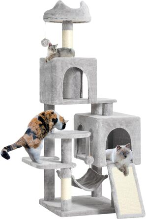 Кігтеточка YITAHOME XL, 137 см, з 2 сизалевими стовпцями, 1 платформою, 2 печерами, гамаком, іграшками-м'ячиками та кігтедробилкою. Ідеальний кімнатний комплекс для котів, сірий колір.