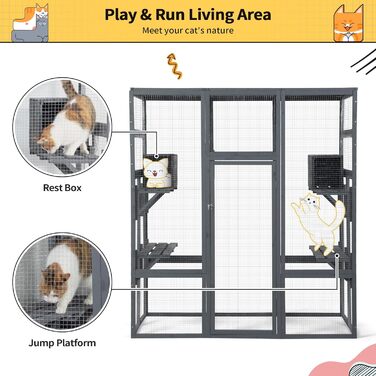 Великий дерев'яний кігтечка для котів COZIWOW з лежаками, печерами, ігровим комплексом та простором для бігу, для дому, з водонепроникним дахом, 7 платформ, 2 будиночки, стійкий до УФ-випромінювання, 167 см x 82 см, сірий, XL