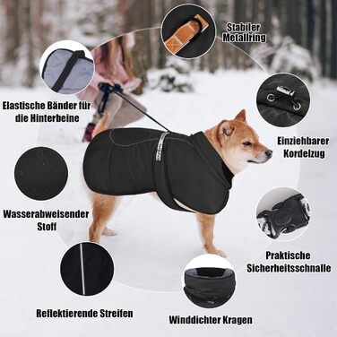 Зимовий теплий одяг для собак FeimaX: вітронепроникна куртка для середніх та великих собак. Відображає світло, регулюється, з D-кільцем. Чорний колір, розмір 4XL