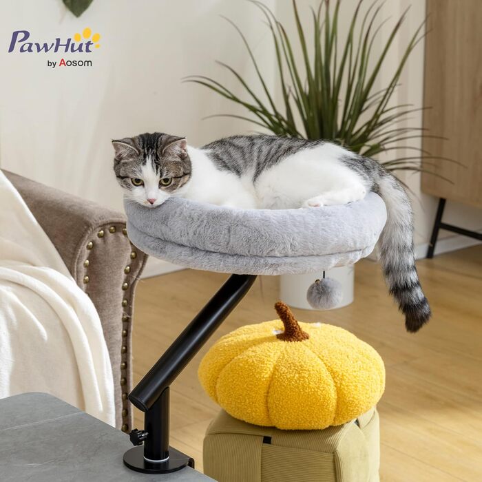 Ліжко-стіл для котів PawHut: обертається на 360°, регульована висота, знімний та пральний чохол, для котів до 6 кг, для дому та офісу, кремово-білий (сірий)