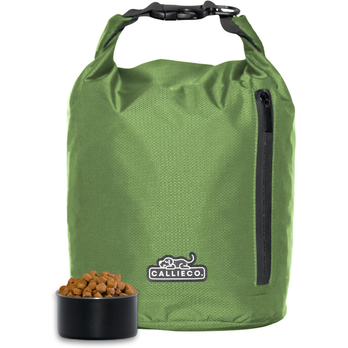 Сумка для корму для собак Callieco з мірною ложкою та кишенею на блискавці, водонепроникний контейнер для дому, подорожей, кемпінгу, перельоту та іншого (Зелений, 32 порції)