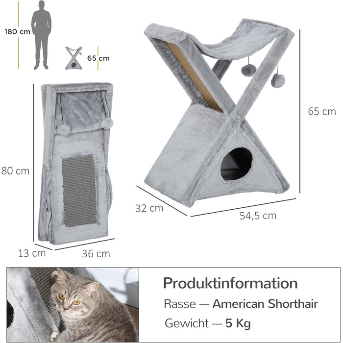 Котячий будиночок PawHut з когтеточкою, драбинкою, гамаком і лежаком, сірий, 54,5x32x65 см, плюш, сизаль, ДСП