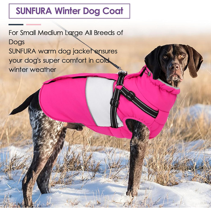 Зимовий теплий одяг для собак SUNFURA: великий одяг з інтегрованим шлейкою, водонепроникний флісовий одяг для собак, теплий одяг для собак з капюшоном з хутром, для Французького бульдога (X-Small, яскраво-рожевий)