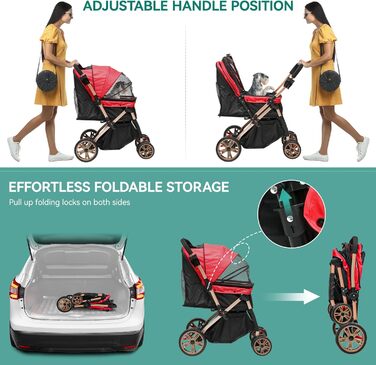 Візок для собак та котів YITAHOME, 22 кг, складання, з кошиком для зберігання, поворотні колеса, сітчасті вікна та двері (Червоний)