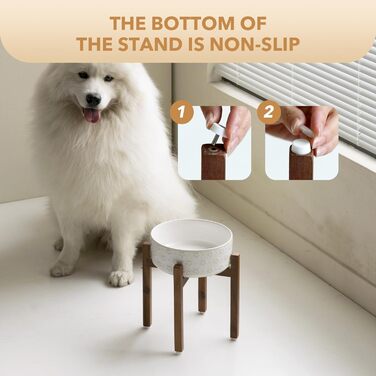 Набір керамічних мисок для собак великих порід з підставкою з акації (21 см), 1800 мл, колір Арктичний білий