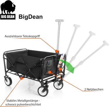 Компактний візок BigDean, чорний, до 80 кг, складавний – для поїздок, кемпінгу та покупок