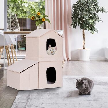 Складний будинок для котів Relaxdays, 2 рівня, 86x75x44 см, з кошиком для зберігання, бежевий
