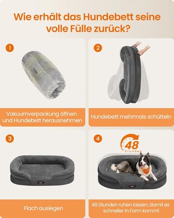 Ліжко для собак Feandrea, ортопедичне, середнього розміру, 76x51x18 см, водовідштовхувальне, знімний чохол, антиковзаюче покриття, сірий колір