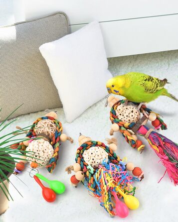 Іграшка для папуг Bissap Conure, 3 шт., підвісна іграшка для папуг, соляні кульки з піщаним молотком для маленьких папуг, хвилястих папужок, корел, амадин, для розвитку та пошуку корму