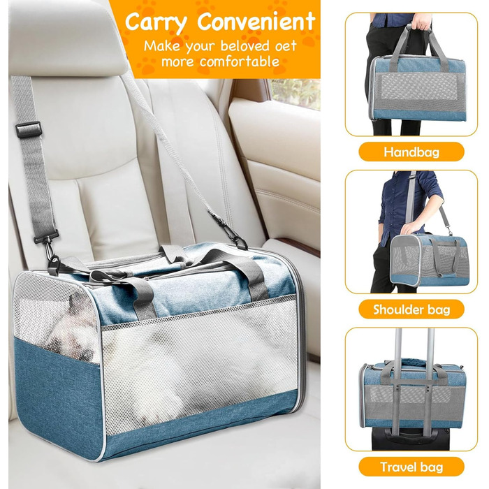 Транспортна переноска для кота KunpengZen, переноска для собаки, складана, з регульованим плечовим ременем, знімним плюшевим матрацом, для котів до 7.5 кг, для подорожей, авто, до ветеринара, блакитна