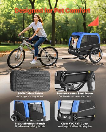 Фаркоп для собак VEVOR, до 30 кг, велосипедний причіп для собак, складаний, універсальний, з відбивачем та прапорцем