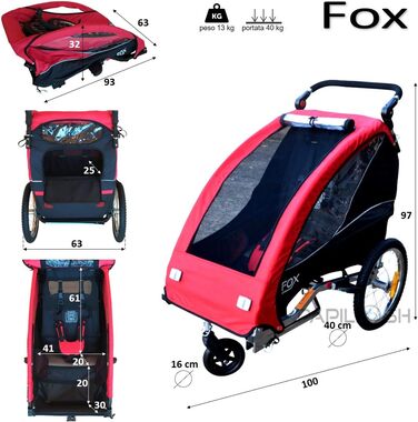 PAPILIOSHOP Fox - Дитяча коляска-трансформер 2-в-1 та велопричіп, червоний, легкий та стабільний