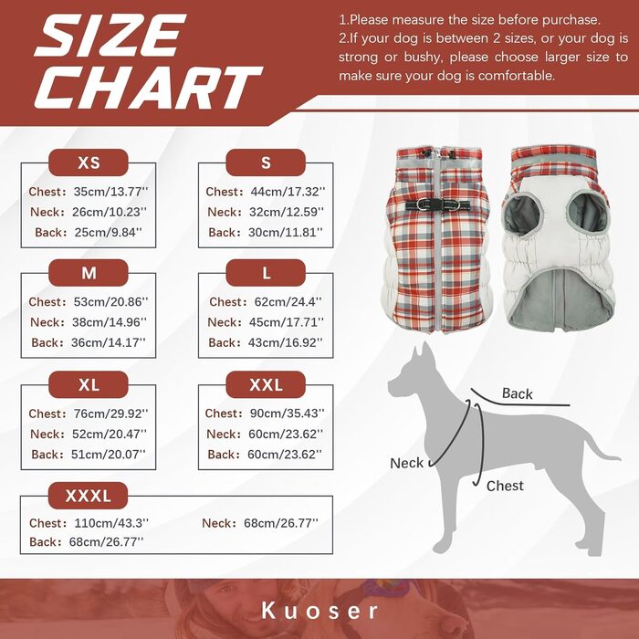 Зимовий теплий куртка для собак Kuoser, водонепроникний та вітрозахисний, з підкладкою з флісу, світловідбивачі, блискавка, комір з хутром, D-кільце, для малих собак, XS, червоний в клітинку