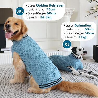 Теплий в'язаний пуловер для собак з коміром-стійкою, блакитний, 3XL XXXL | Підходить для великих собак: Лабрадор, Боксер