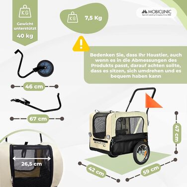Mobiclinic® Причіп для собак на велосипед + візок для собак 2 в 1, до 40 кг, водовідштовхувальний тент, 123x67x100 см, відбивачі та прапорці, 600D Oxford, для маленьких та середніх собак