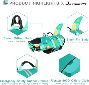 Жилет рятувальний для собак Queenmore, регульований, для середніх та великих собак, з високою плавучістю та міцним ручним тримачем