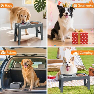 Набір мисок для собак X-BEN 3-в-1: миска для води з захистом від пролиття 1.4L, миска від захлипування 1L, годівниця з 5 рівнями регулювання висоти, для середніх та великих собак, антиковзаюча, сіра