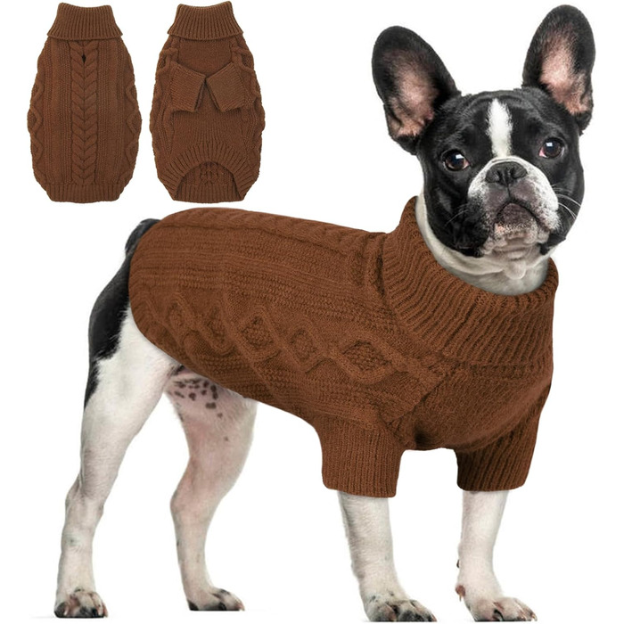 Теплий собачий светр Schlicht & Elegant для середніх собак з отвором для повідка, для Французького бульдога, колір кава (M)