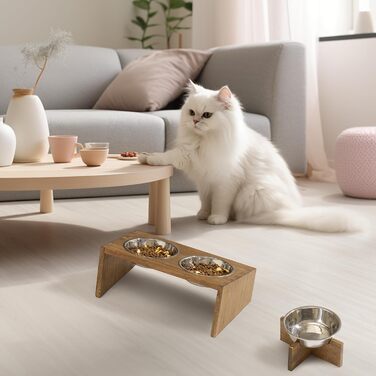 Підвищені годівниці для котів та собак KIRIGEN – дерев'яна годівниця з 3 знімними мисками з нержавіючої сталі, жовто-коричневого та темно-коричневого кольорів