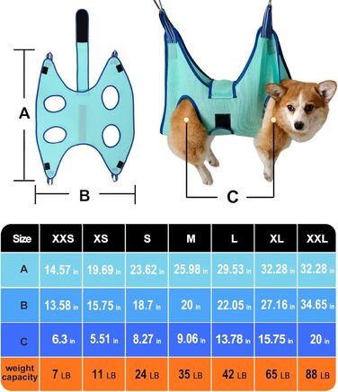 Гаммачок для грумінгу собак 2023, розмір L, тримач для шлейки, гачок для стрижки нігтів, гамачок для грумінгу з широким ременем, петля для догляду за шерстю, кишеня для догляду за кігтями, блакитний (розмір S: 10,9 кг, макс/блакитний)