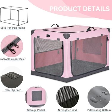 Складаний контейнер Petsfit для собак XL, тканинна переноска з посиленим каркасом, 3 двері, легка для транспортування, рожева