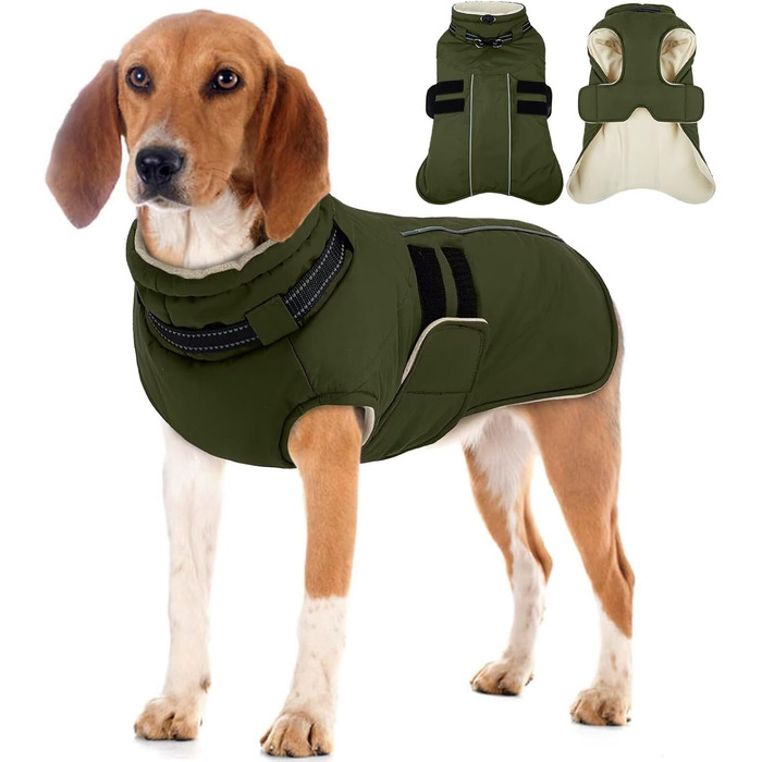 Зимова куртка та наталузка для собак IECOii, водонепроникна, з регулюванням, світловідбиваюча, з реміннем, розмір L, армійний зелений