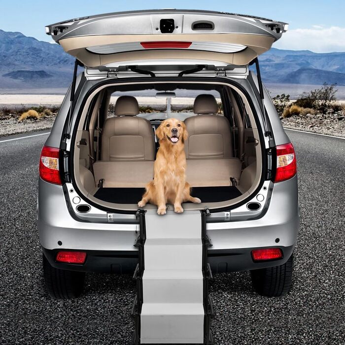 Складана та регульована пандус для собак великих та малих порід, драбина для домашніх тварин, вантажопідйомність 75 кг, акумуляторний, для всіх автомобілів (Сірий)