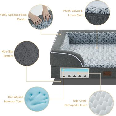 Ортопедичне собаче ліжко XXL, водовідштовхувальне, з memory foam, для великих собак, 134 x 107 см, неслизьке дно, зручна лежанка з пінополіуретану, темно-зелене (45 x 35 см, сіре)