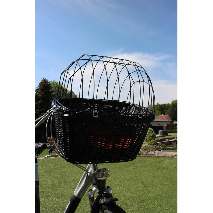 Кошик для собаки на кермо велосипеда з ротангу з металевою сіткою та подушкою, чорний кошик для велосипеда (з подушкою)