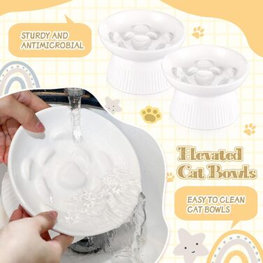 Підвищені миски для котів Layhit з кераміки, проти блювоти, повільне годування, для сухого та вологого корму, кошенята, для дому, 2 шт (Білий/розкішний сад)