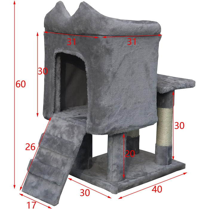 Котячий будиночок та кігтеточка Fudajo темно-сірого кольору 60 см з платформою, лежаком та ігровим м'ячиком, кігтеточка з драбиною, меблі для котів з сизалю