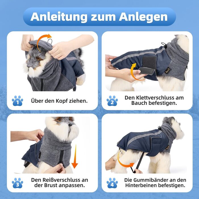 Зимова куртка для собак SlowTon з флісу, водонепроникна та вітронепроникна, з нашийником-гетром та світловідбиваючими смугами, регульована, для цуценят (Темно-синій, L+)