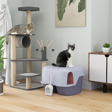 PawHut туалет для котів з кришкою, пластиковий, з совком і ситом, закритий лоток для маленьких котів до 3,5 кг, для дому, фіолетовий
