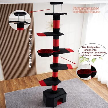 Мекідулу Кігтеточка для котів, 232-280 см, багатоярусна, регульована висота, обмотана чорним оксамитом та червоним сизалем (чорний, червоний)