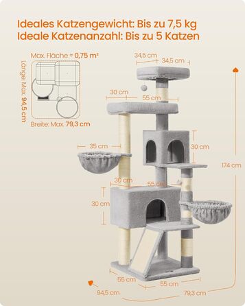 Комплекс для котів Feandrea PCT006G02, 174 см, колір сірий голуб, з платформою та подвійною печерою