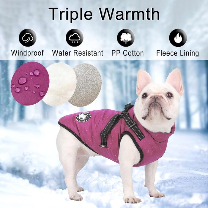 Водонепроникний теплий жилет для собак Французького бульдога, жилет для собак з кріпленням для шлейки, різні розміри, фіолетовий, розмір 10 (обхват грудей 31-36 см)