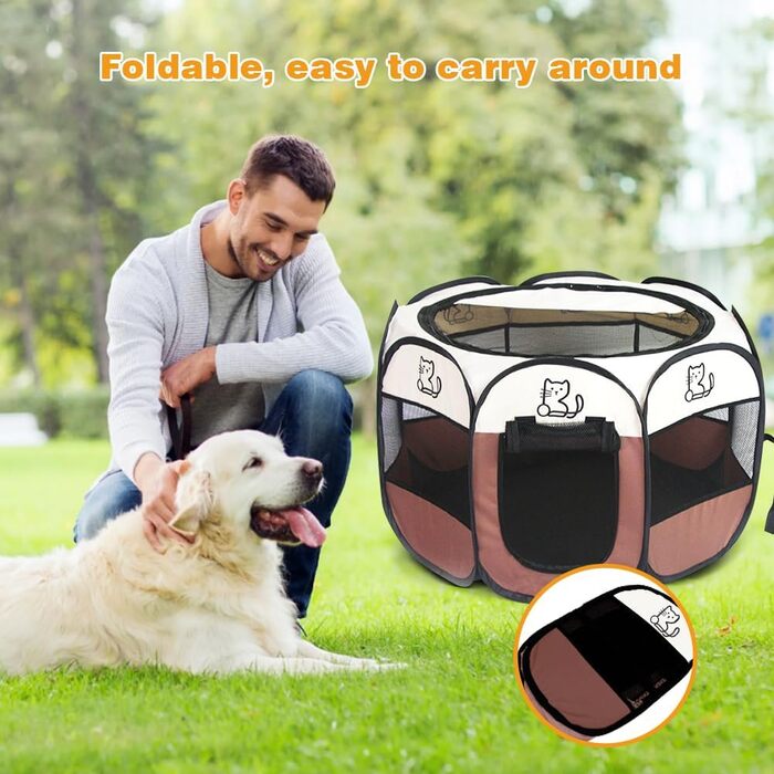 Клітка-вольєр для цуценят та тварин, 74x74x43 см, для собак, котів, кроликів та дрібних тварин, для використання в приміщенні та на вулиці (колір коричневий, восьмикутна)