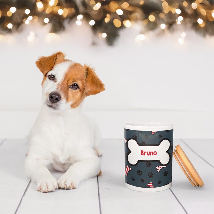 Набір для годування собак PICANOVA з іменем: миска та контейнер для ласощів у різдвяному дизайні. Керамічний набір для собак як подарунок для власників домашніх тварин. Дизайн Candy Bones.