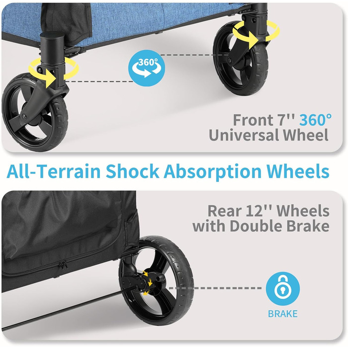 Візок для собак EchoSmile, середній та великий розмір, до 70 кг, складаний, з сітковими вікнами, регульована ручка, 4 проходимі колеса (блакитний)