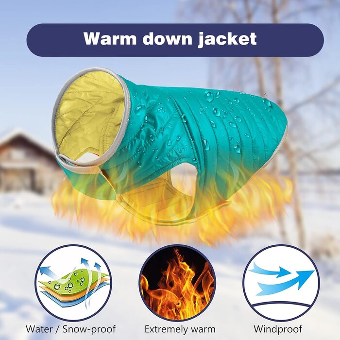 PETCUTE Зворотна куртка для собак, зимова, водонепроникна, для цуценят, з отвором для повідка, L, блакитний+жовтий