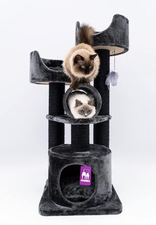 Дряпка для котів Petrebels Victoria 125 см, преміум, чорна, з лежанкою, ігровою трубою, будиночком і товстими стовпами Ø12 см